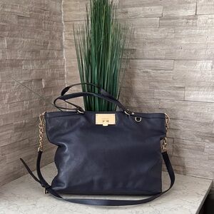 Michael Kors Navy Leather Tote with Gold-Tone Accents